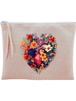 Kalpli ve Çiçek Desenli Şık Makyaj Çantası, Bej Renkli ve Kullanışlı Tasarım