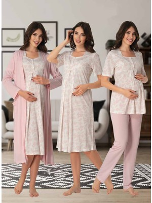 Dvina Effortt Lohusa 4'lü Set - Sabahlık/pijama Takımı/gecelik Pembe - 8016