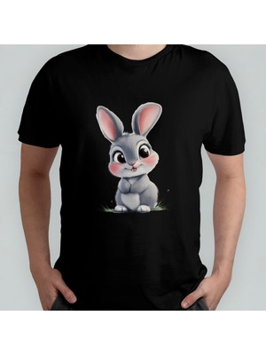 Pixxa Sevimli Tavşan Unisex %100 Pamuklu Bisiklet Yaka T-Shirt Model 1