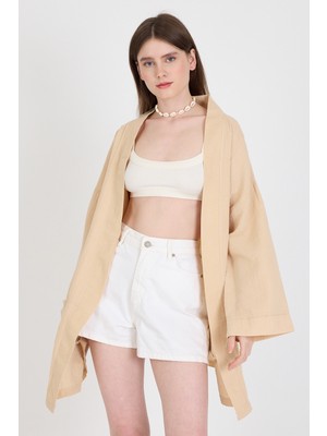 Bej Keten Görünümlü %100 Pamuk Geniş Kollu Bağlama Detaylı Kimono 4802A