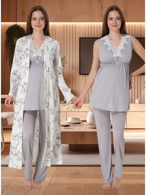 Dvina Effortt Lohusa Sabahlıklı Pijama Takımı Gri - 8034