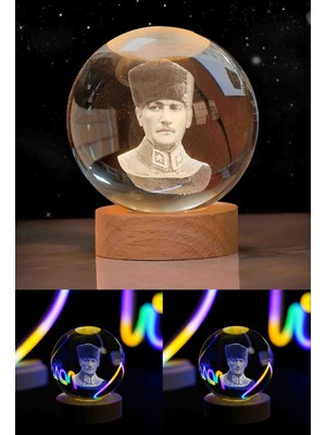 Mustafa Kemal Atatürk Portresi 3D Kristal Cam Küre Doğal Ahşap Standlı Usb'li Gün Işığı Lamba Dekoratif Hediyelik Seti