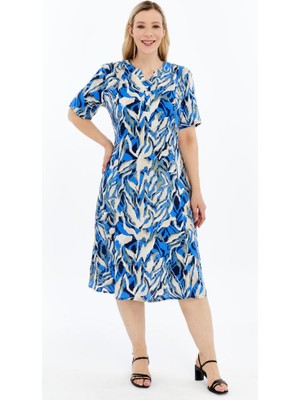 Mavi Yaz Esintisi Desenli Kısa Kollu Viskon Yazlık Anne Elbisesi