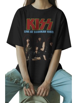 Oversize Kiss Live At Budokan 1988 Yazılı Tişört, Unisex Rock Band Temalı Bisiklet Yaka T-Shirt