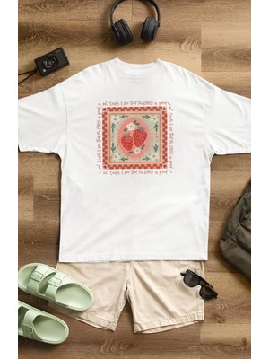 Oversize Desenli Çilek Baskılı Tişört, Unisex Yaz Temalı Bisiklet Yaka T-Shirt