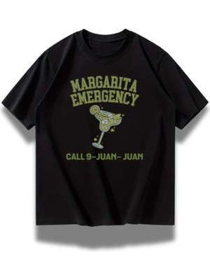 Unisex Margarita Emergency Yazılı Tişört, Oversize Yaz Temalı Bisiklet Yaka T-Shirt