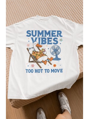 Oversize Summer Vibes Yazılı Tişört, Unisex Plajda Ördek Baskılı Bisiklet Yaka T-Shirt