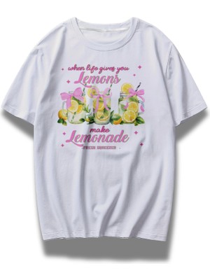 Unisex Lemonade Yazılı Tişört, Oversize Kurdele Baskılı Bisiklet Yaka T-Shirt