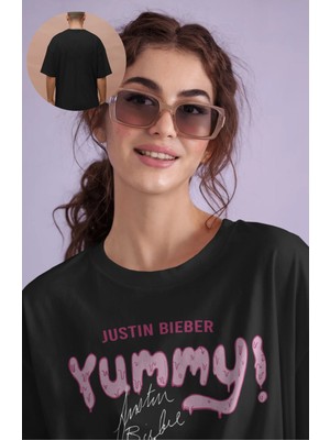 Oversize Yummy Yazılı Tişört, Unisex Justin Bieber Temalı Bisiklet Yaka T-Shirt