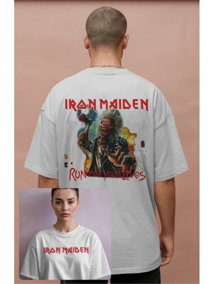 Oversize Iron Maiden Sırt Baskılı Tişört, Unisex Run For Your Lives Yazılı Bisiklet Yaka T-Shirt
