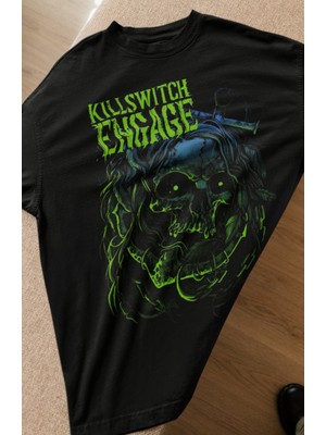 Oversize Skull Killswitch Engage Baskılı Tişört, Unisex Rock Band Temalı Bisiklet Yaka T-Shirt