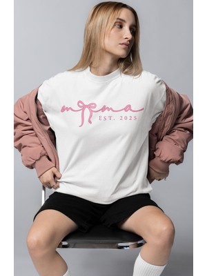 Oversize Kurdele Baskılı Tişört, Mama Est 2025 Yazılı Bisiklet Yaka T-Shirt