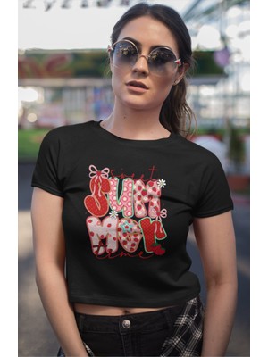 Sweet Summer Time Yazılı Crop Top, Kadın Çilek Karpuz Kurdele Temalı Crop Bluz