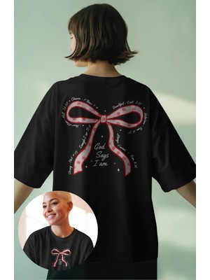 Oversize Always Loved Sırt Baskılı Tişört, Kurdele Temalı Bisiklet Yaka T-Shirt