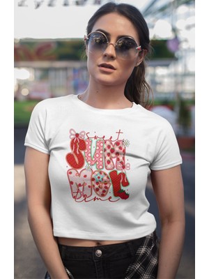 Sweet Summer Time Yazılı Crop Top, Kadın Çilek Karpuz Kurdele Temalı Crop Bluz