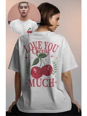 Oversize Love You Cherry Much Sırt Baskılı Tişört, Kiraz Temalı Bisiklet Yaka T-Shirt