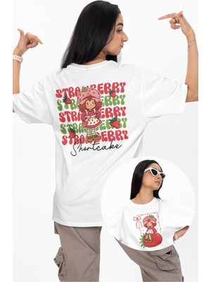 Oversize Strawberry Girl Sırt Baskılı Tişört, Çilek Temalı Bisiklet Yaka T-Shirt