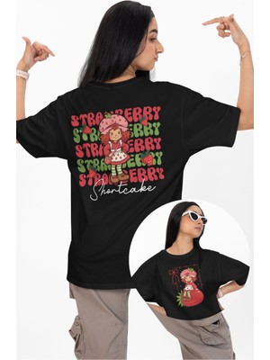 Oversize Strawberry Girl Sırt Baskılı Tişört, Çilek Temalı Bisiklet Yaka T-Shirt