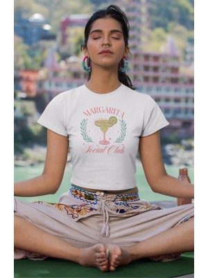 Margarita Social Club Baskılı Crop Top, Kadın Coctail Temalı Crop Bluz