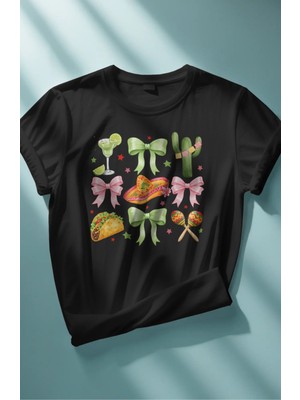 Oversize Kurdele Kaktüs Baskılı Tişört, Meksika Tekila Temalı Bisiklet Yaka T-Shirt