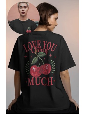 Oversize Love You Cherry Much Sırt Baskılı Tişört, Kiraz Temalı Bisiklet Yaka T-Shirt