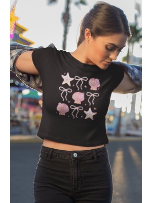 Deniz Yıldızı Baskılı Crop Top, Kadın Kurdele Temalı Crop Bluz