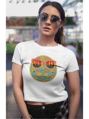 Summer Yazılı Crop Top, Kadın Çiçekli Gülen Yüz Baskılı Crop Bluz