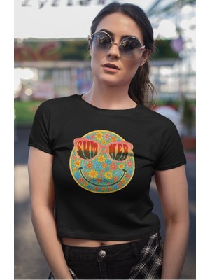 Summer Yazılı Crop Top, Kadın Çiçekli Gülen Yüz Baskılı Crop Bluz