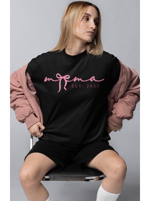 Oversize Kurdele Baskılı Tişört, Mama Est 2025 Yazılı Bisiklet Yaka T-Shirt