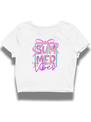 Summer Vibes Yazılı Crop Top, Kadın Kurdele Baskılı Crop Bluz