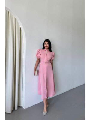 Yaka Düğme Detaylı Elbise- Pembe