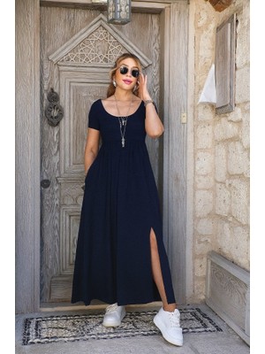 Gökyüzü Moda Kadın Kısa Kollu Yuvarlak Yaka Önden Yırtmaçlı Cepli Viskon Uzun Elbise