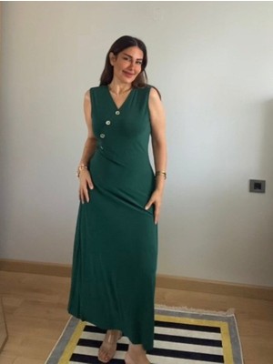 Arben Boutique Kadın Kruvaze Yaka Düğme Detay Maxi Boy Elbise