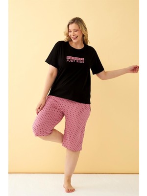 Moda Serdem  Kadın Siyah “no Rules Just Ride” Yazılı Büyük Beden Kapri Pijama Takımı