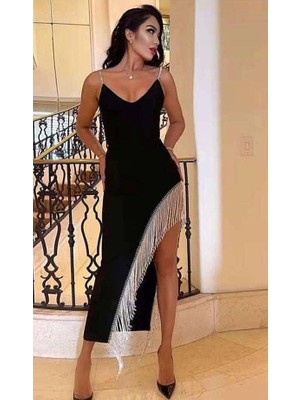 Arben Boutique Kadın Dagıç Kumaş Saçaklı Taşlı Askılı Midi Boy Elbise