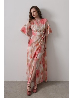 Yandan Bağlamalı Desenli Elbise - Pembe