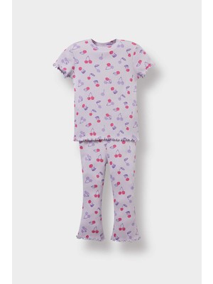 DeFacto 2'li Takım Desenli Fitilli Kaşkorse Kısa Kollu Tişört Tayt Kız Bebek F3510A525AU