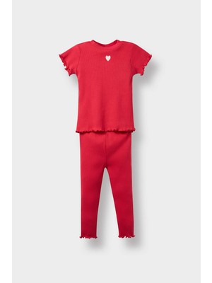 DeFacto 2'li Takım Kalpli Fitilli Kaşkorse Kısa Kollu Tişört Tayt Kız Bebek F3522A525AU