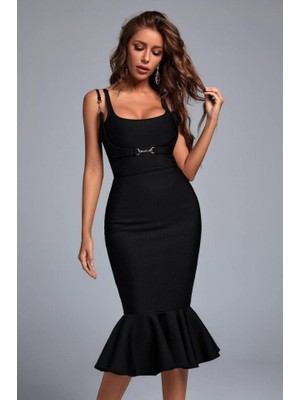 Passense Kadın Omuz Askılı Sırt Dekolteli Interlok Kumaş Midi Kalem Elbise