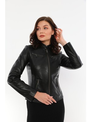 Kadın Hakiki Deri Siyah CEKET-B2327