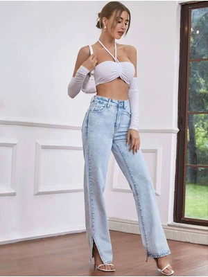 Pass&pass 2035 Kadın Likralı Yanı Yırtmaçlı Bol Paça Jeans Kot Denim Pantolon - Kar