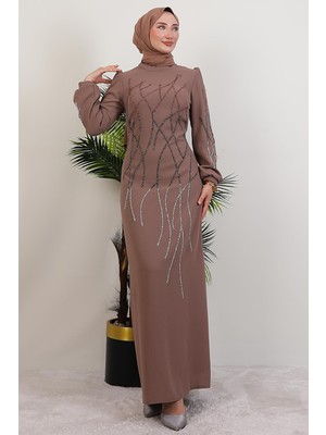 Giza Store Yase Taşlı Elbise Gül Kahve