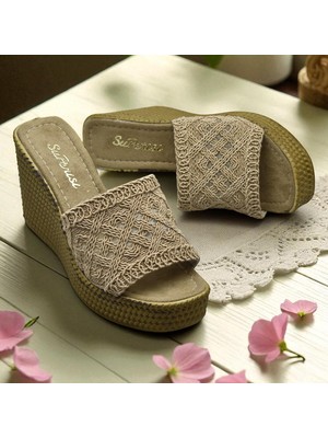 2503 10.5 cm Dolgu Topuklu Kadın Terlik Ayakkabı Düğün Nişan Abiye Kadın Ayakkabısı