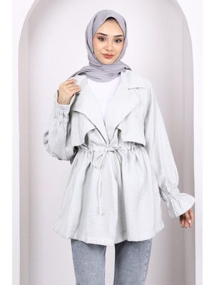 Gri Taş Detaylı Bağcıklı Ceket