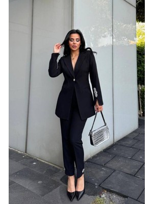 Kadın Ikili Takım Taş Detaylı Boru Paça Blazer Ceket Pantolon Takım
