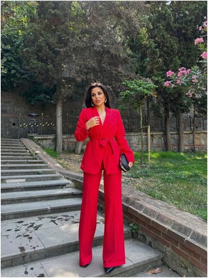 Kadın Ikili Takım Taş Detaylı Boru Paça Blazer Ceket Pantolon Takım