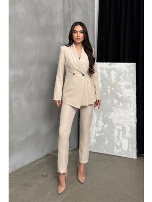 Kadın Ikili Blazer Ceket Pantolon Takım Pile ve Düğme Detaylı Boru Paça