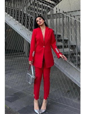 Kadın Ikili Takım Taş Detaylı Boru Paça Blazer Ceket Pantolon Takım