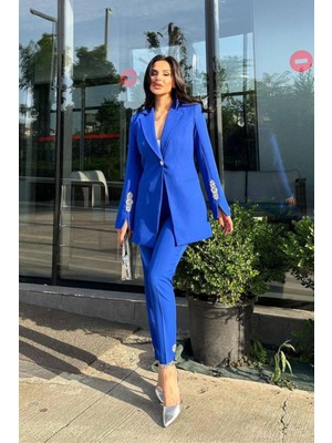 Kadın Ikili Takım Taş Detaylı Boru Paça Blazer Ceket Pantolon Takım