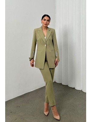 Kadın Ikili Takım Taş Detaylı Boru Paça Blazer Ceket Pantolon Takım